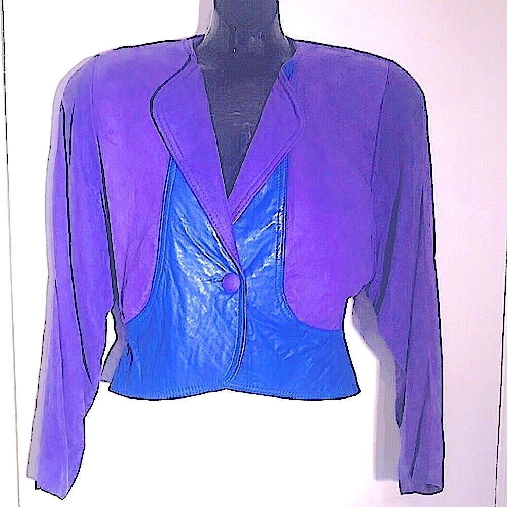 1980's VINTAGE PURPLE SUEDE & LEATHER  BLAZER WITH SHOULDER PADS SIZE 6